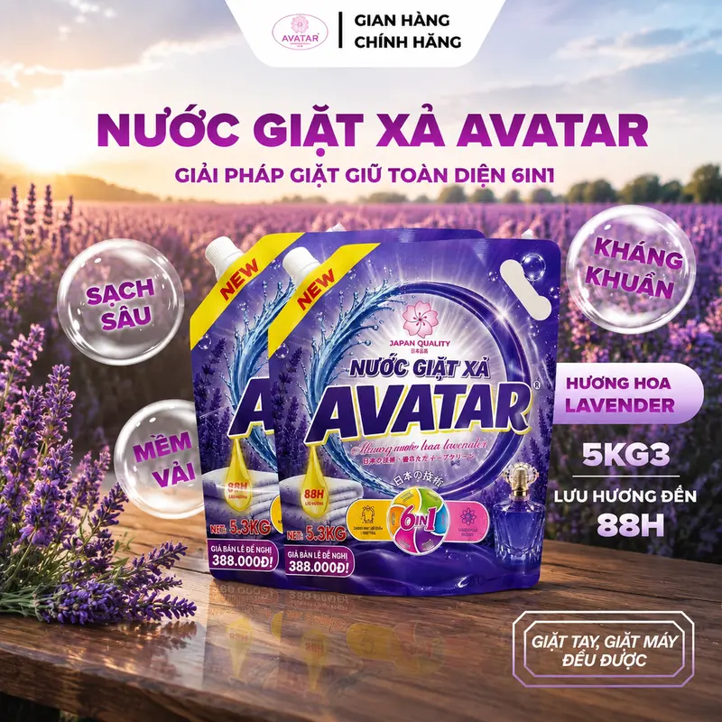 Deterjen Cair dan Pelembut AVATAR 6-in-1 Aroma Lavender, 2 Kantong Total 10,6 kg, Wangi hingga 88 Jam, Membersihkan Mendalam, Melembutkan Kain, Lembut di Kulit