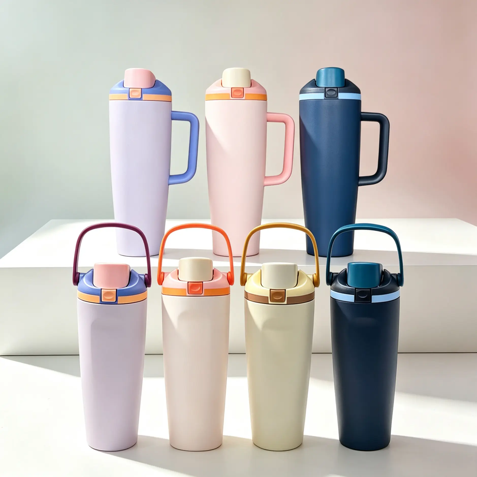 Vaso térmico de 30 oz en acero inoxidable 304, con asa superior y popote, acabado mate, tapa hermética antiderrames, conserva el frío 24 h, para auto y viajes, disponible en 4 colores modernos