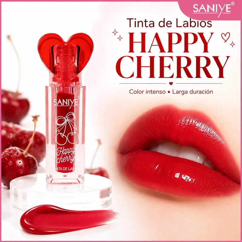 SANIYE Happy Cherry 립틴트, 자연스러운 체리 컬러, 선명한 발색·워터리 텍스처·레이어링 가능·오래가는 메이크업