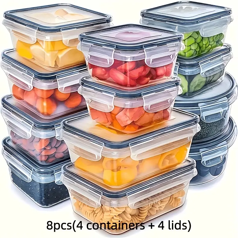 Lot de 4 boîtes repas bento avec 4 couvercles, en plastique, polyvalentes, empilables et compatibles avec le micro-ondes, pour conserver les aliments au réfrigérateur, la rentrée et les repas à emporter en voyage