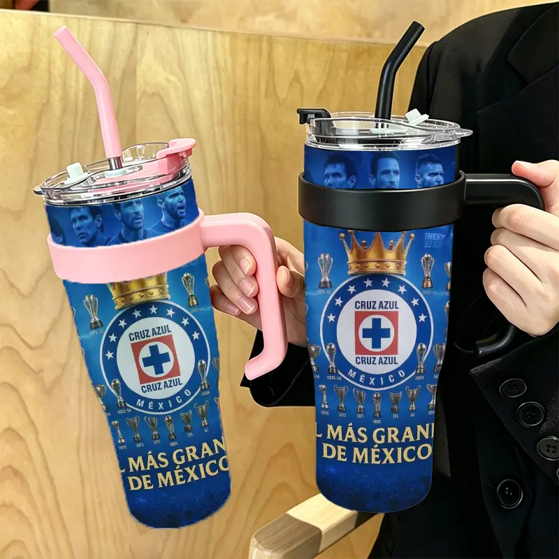Cruz Azul Campeones Fútbol Thermobecher, 1200 ml, lebensmittelechter Edelstahl 304, doppelwandige Vakuumisolierung, bis zu 24 Stunden kalt und 8 Stunden heiß, auslaufsicherer Deckel für Auto, Fitnessstudio, Camping und Büro