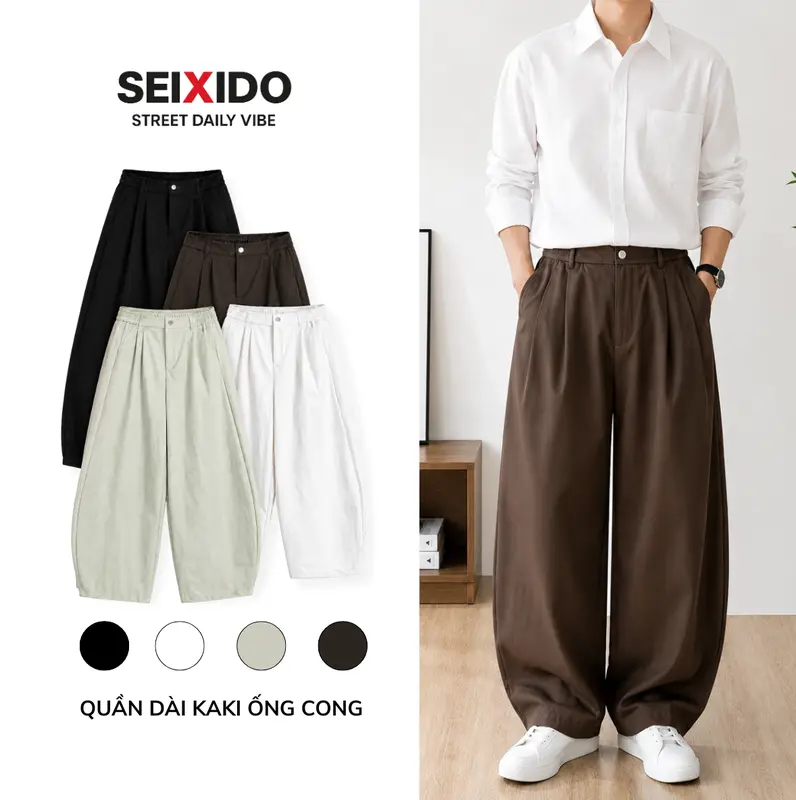 [DEAL MỞ BÁN] Quần kaki ống cong Seixido form rộng vải kaki cao cấp, co giãn, không nhăn, mềm mịn, cạp chun thoáng mát N051