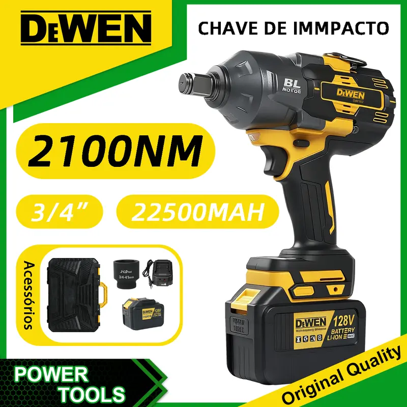 Clé à chocs sans fil DEWEN 128 V, 2100 Nm, 3250 tr/min, moteur sans balais, kit complet avec douille 41 mm 3/4", LED, outil professionnel 3-en-1