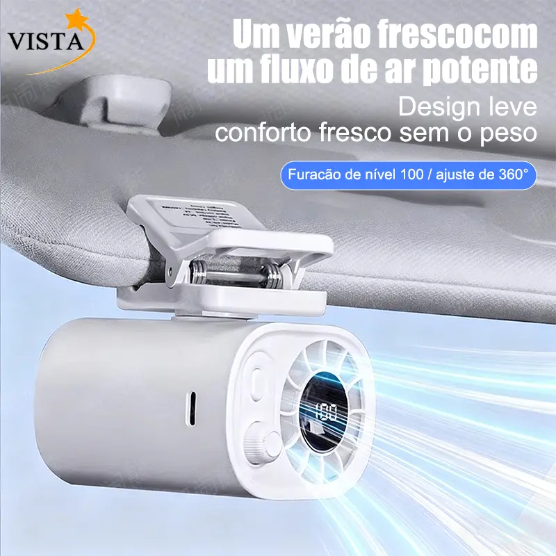 Ventilador automotivo de prender VISTA com display LED, rotação 360°, 100 velocidades ajustáveis e recarga USB