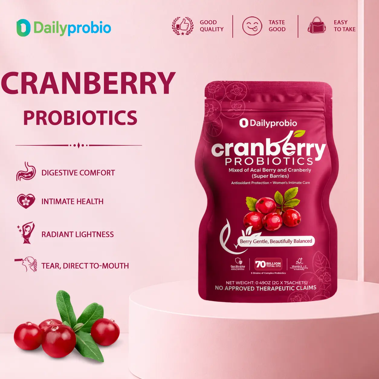 Dailyprobio probióticos de arándano rojo en polvo, 2 g | 7 sobres | 70 mil millones de unidades formadoras de colonias, 5 cepas y pre+probióticos para mujeres | Apoyo al bienestar urinario, UTI/PMOS y salud intestinal y digestiva general