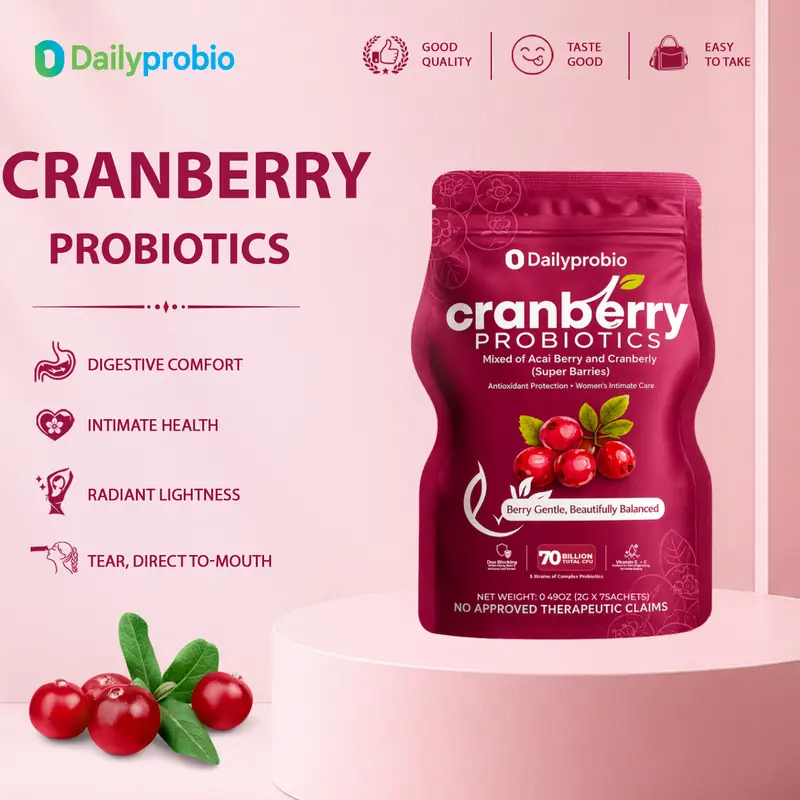 Dailyprobio Cranberry Prebiotic and Probiotic Powder for Women, 2g × 7 Sachets, 70 Billion CFU, 5 Strains, for Urinary and Digestive Wellness