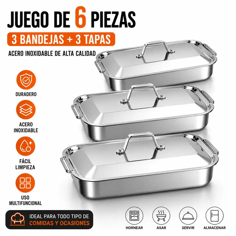 Lot multifonction de 6 plats rectangulaires en acier inoxydable antiadhésif avec couvercle | Pour la cuisson et les repas en plein air sans électricité | Forte conductivité thermique, parois fines, utilisation sûre