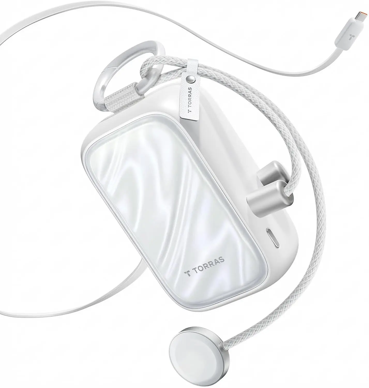TORRAS PearlGo Power Bank 2-in-1 dengan Kabel Gulung, Ringan dan Ringkas, Kapasitas Besar 10000mAh, Pengisian Cepat 45W, dengan Karabiner, Mendukung Pengisian Apple Watch, Boleh Dibawa ke Kabin Pesawat, Bersertifikasi PSE/CCC, Kompatibel dengan iPhone17/Galaxy/iPad/MacBook, Putih Snow Pearl