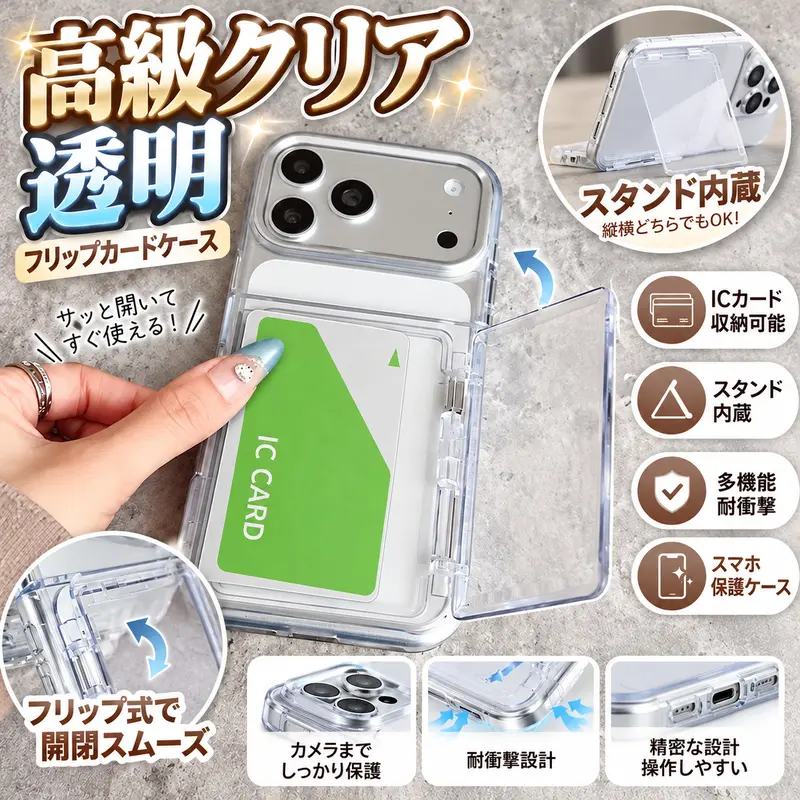 Clear acrylic iPhone case with photo card and IC card storage, stand and metal camera frame; slim, lightweight, yellowing-resistant design for compatible iPhone models