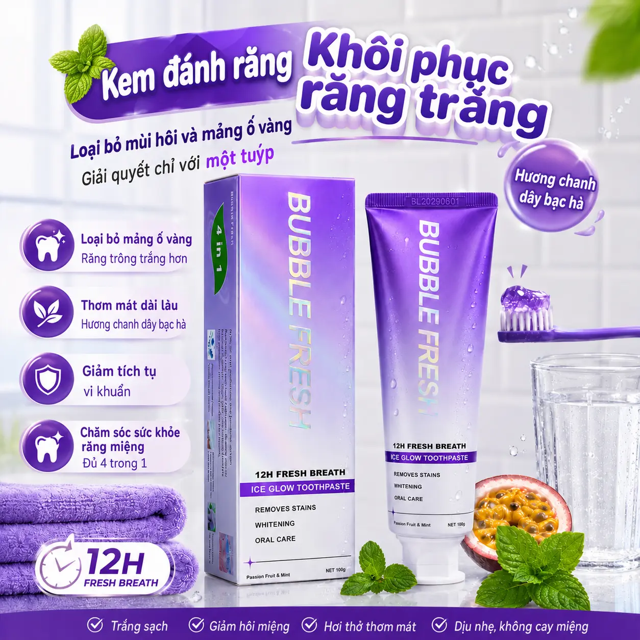 Pasta Gigi Premium BUBBLE FRESH 100g dengan Teknologi Peptida Antibakteri, Membantu Mengurangi Noda Kuning dan Bau Mulut, Napas Segar hingga 12 Jam, serta Merawat Gusi