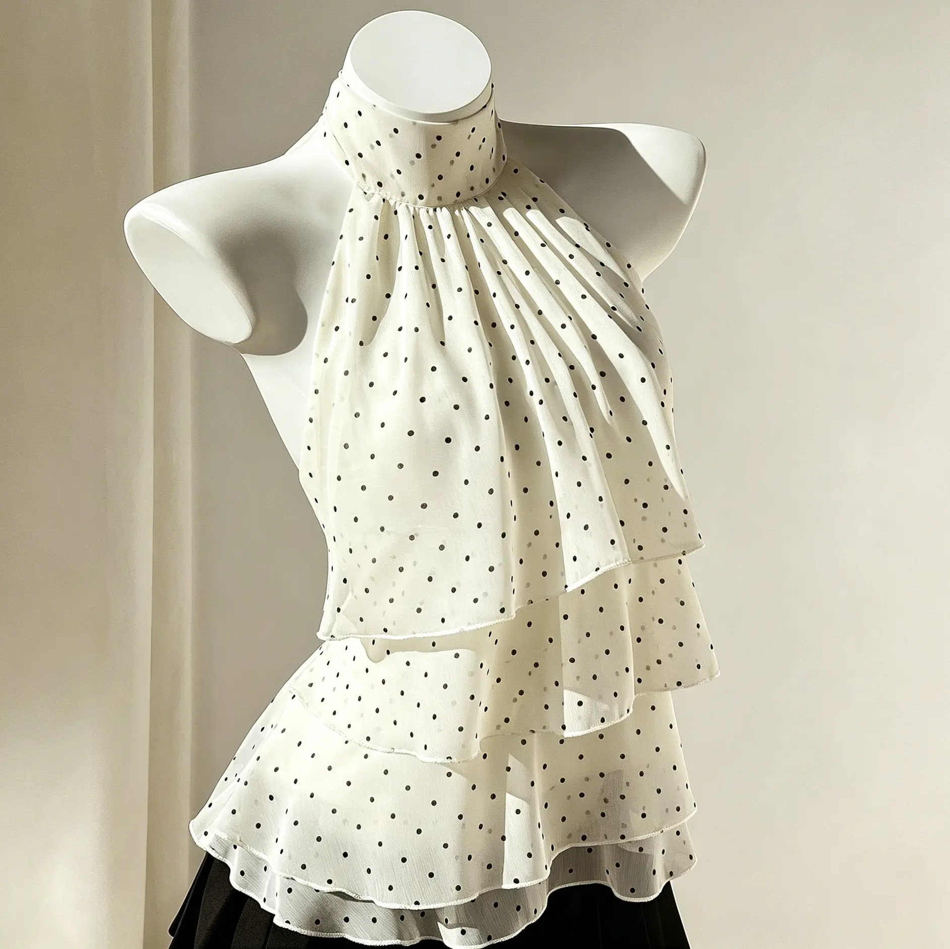 Women's Ruffled Layered Chiffon Polka-Dot Shirt with Waist Tie, Casual Vacation and Beach Style, 11 Colors