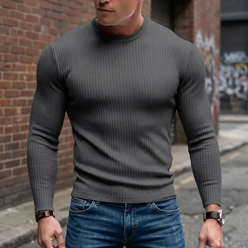 Kaos Pria Lengan Panjang Rib Slim Fit Basic Kasual Gaya Fashion Barat untuk Cuaca Dingin