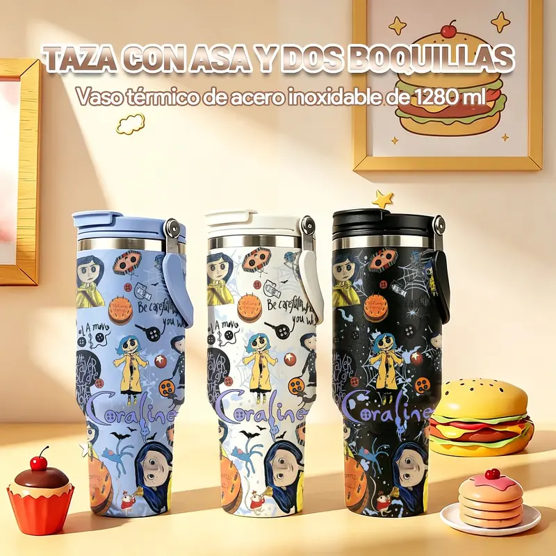 Bình giữ nhiệt inox 1280 ml có nắp, họa tiết Coraline, búp bê, mèo con và bánh kem, dùng cho bia cùng đồ uống nóng hoặc lạnh, để tặng hoặc dùng cá nhân #TSSY40QCB