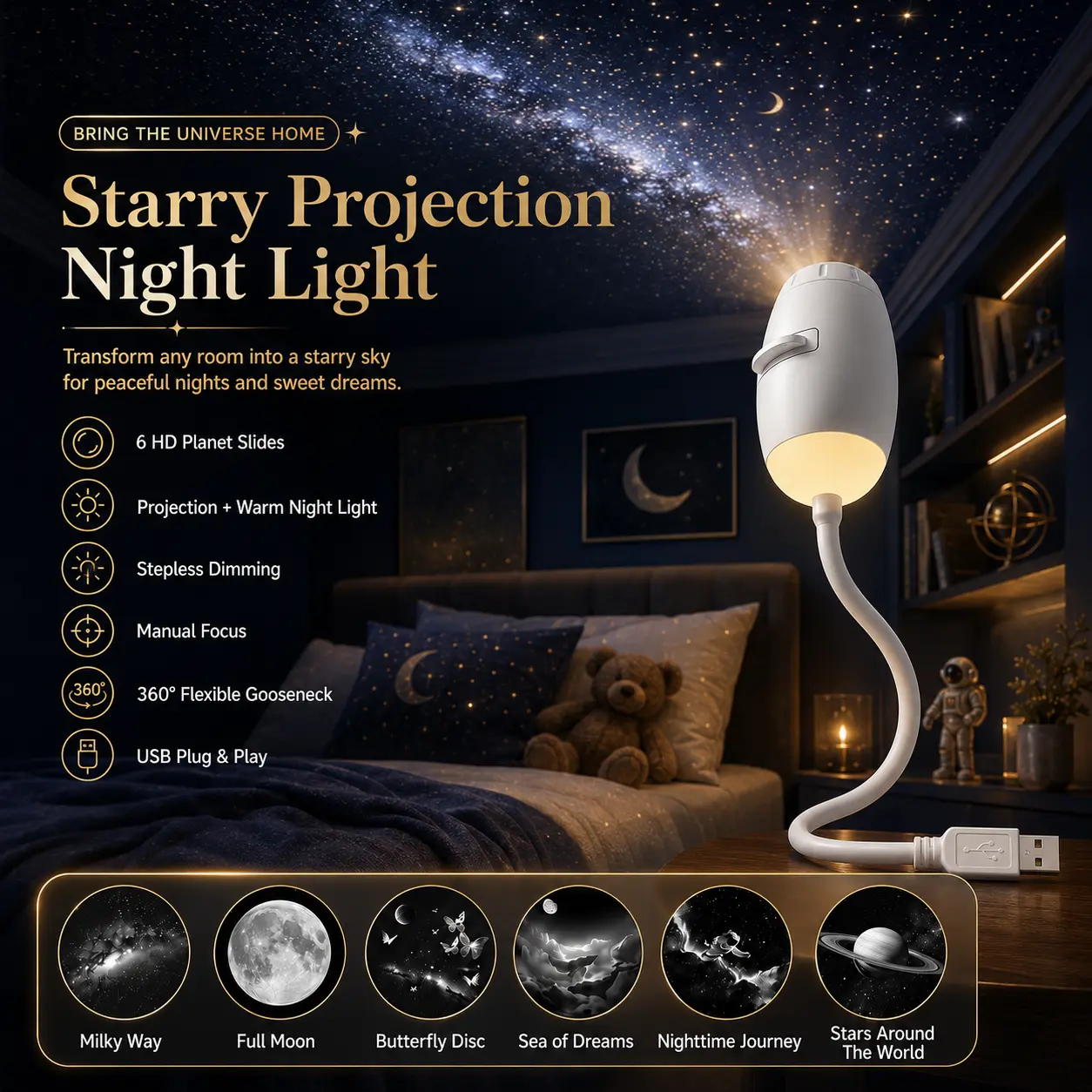 Projecteur ciel étoilé 2026 avec 6 motifs esthétiques, veilleuse USB à lumière douce, col de cygne flexible, pour chambre, salon et chambre de bébé, stock disponible à Singapour