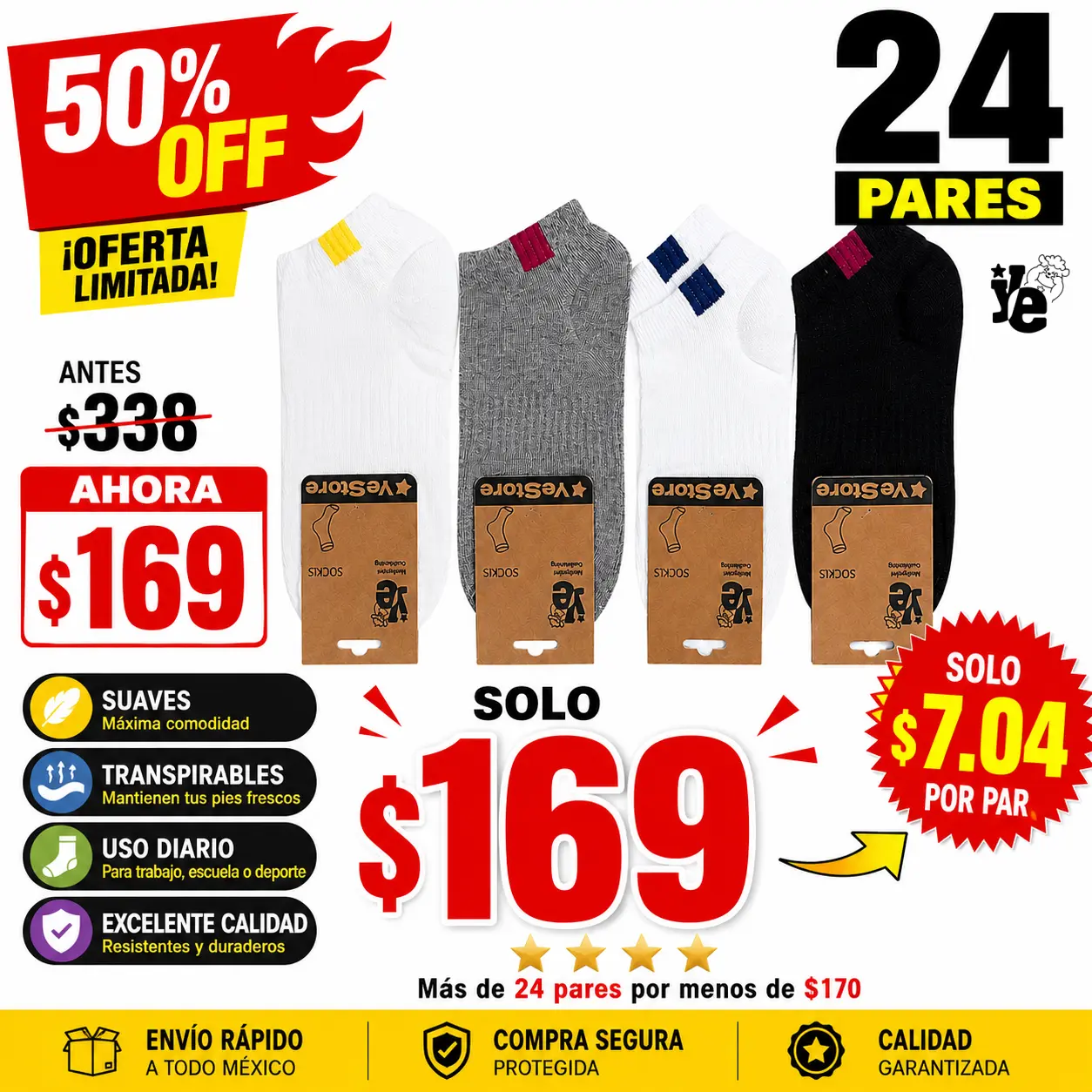YESTORE HC-60 Men's Socks, 24 Pairs, Assorted Designs and Random Colours