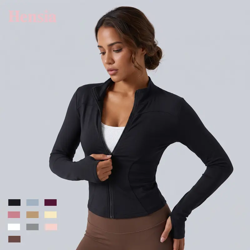 Veste de sport ajustée à manches longues et col montant, fermeture zippée intégrale, passe-pouces, tissu respirant et très extensible, pour le yoga et le fitness au quotidien