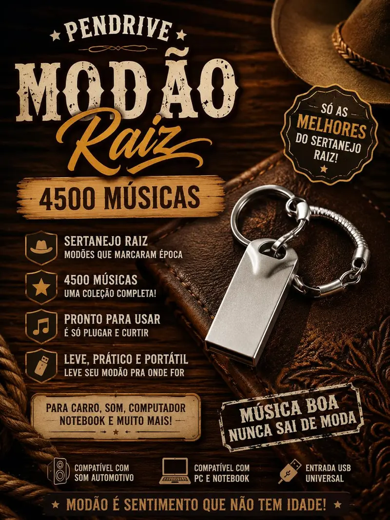 Clé USB 16 Go MODÃO RAIZ avec 4500 chansons de sertanejo traditionnel