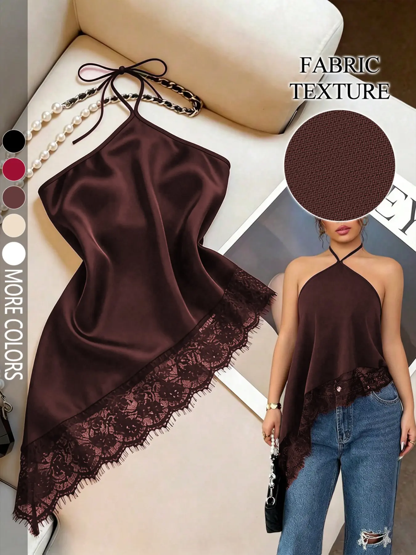 Modisches, modernes Damenkleid mit rückenfreiem Neckholder, Trägern und Satineinsätzen mit Spitze – für Clubpartys, Cocktailpartys und Sommerreisen