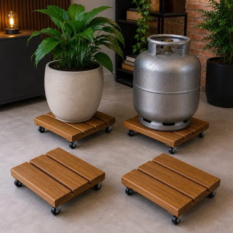 Bộ 4 đế gỗ xử lý chống đỡ chậu cây và bình gas, bánh xe xoay 360°, 30 x 30 cm, phủ véc-ni màu imbuia, chịu tải đến 80 kg mỗi đế