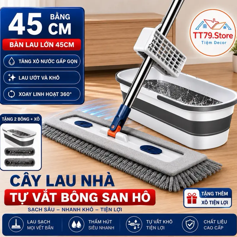 [1 chổi + 2 bông lau Kèm Xô] Cây lau nhà san hô 45x12cm, Tặng 2 Miếng Lau Và Xô Đa Năng