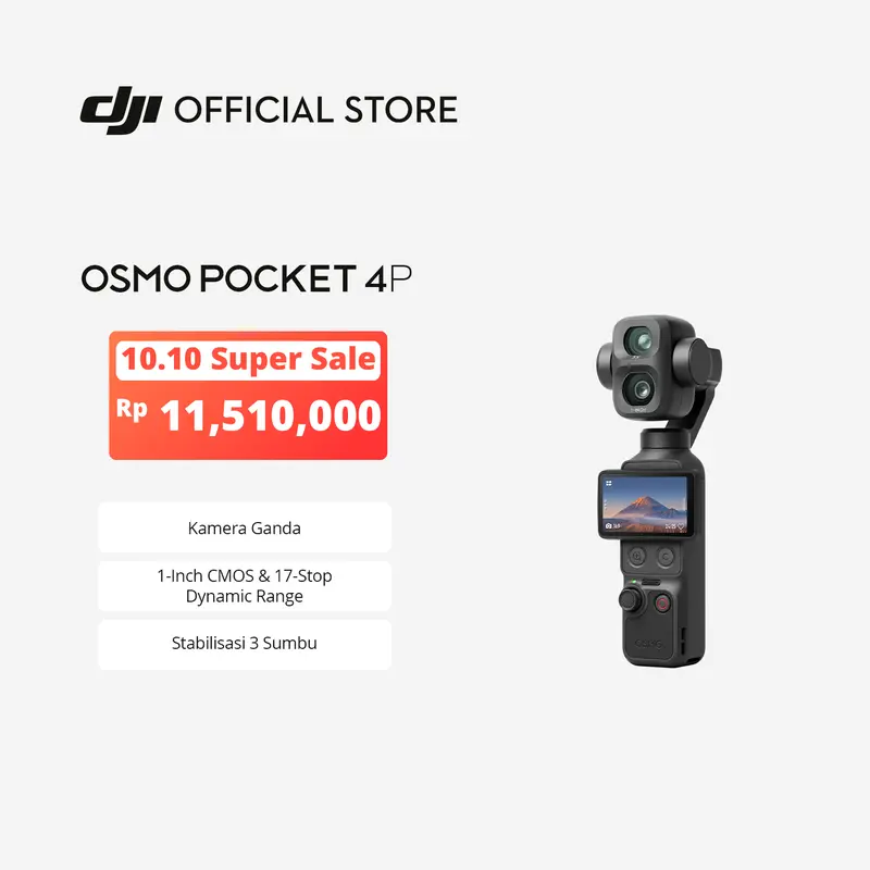 Kamera Saku DJI Osmo Pocket 4P, Kamera Ganda untuk Gambar Sinematik Jarak Dekat dan Jauh, CMOS 1 Inci yang Ditingkatkan, Zoom hingga 12×