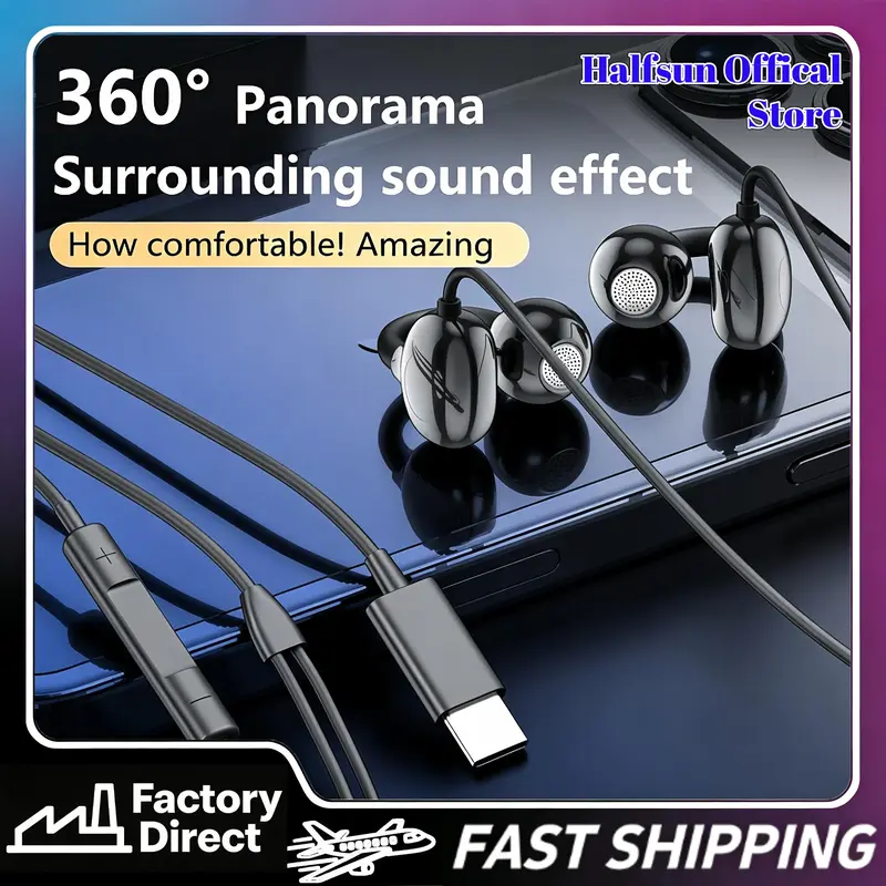 Fon telinga berwayar dengan klip pada, fon stereo sekeliling 360° dengan pemacu besar 14.2 mm, keselesaan ergonomik, anti licin untuk aktiviti sukan, tersedia melalui port Type‑C / Lightning / jack 3.5 mm