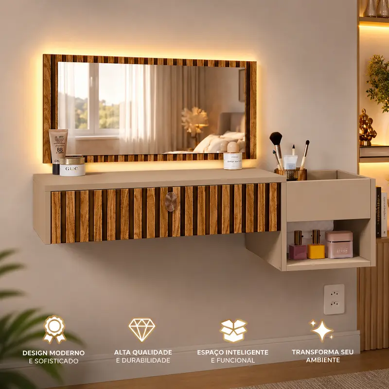 Tocador flotante moderno para dormitorio de niña, con 1 puerta organizadora, espejo y espacio para maquillaje y body splash