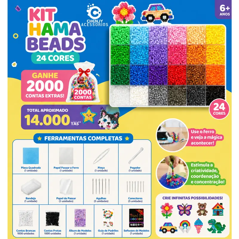 14,000-Piece 2.6mm Perler Hama Bead Kit in 24 Colours with Tools, Children's Gift Set