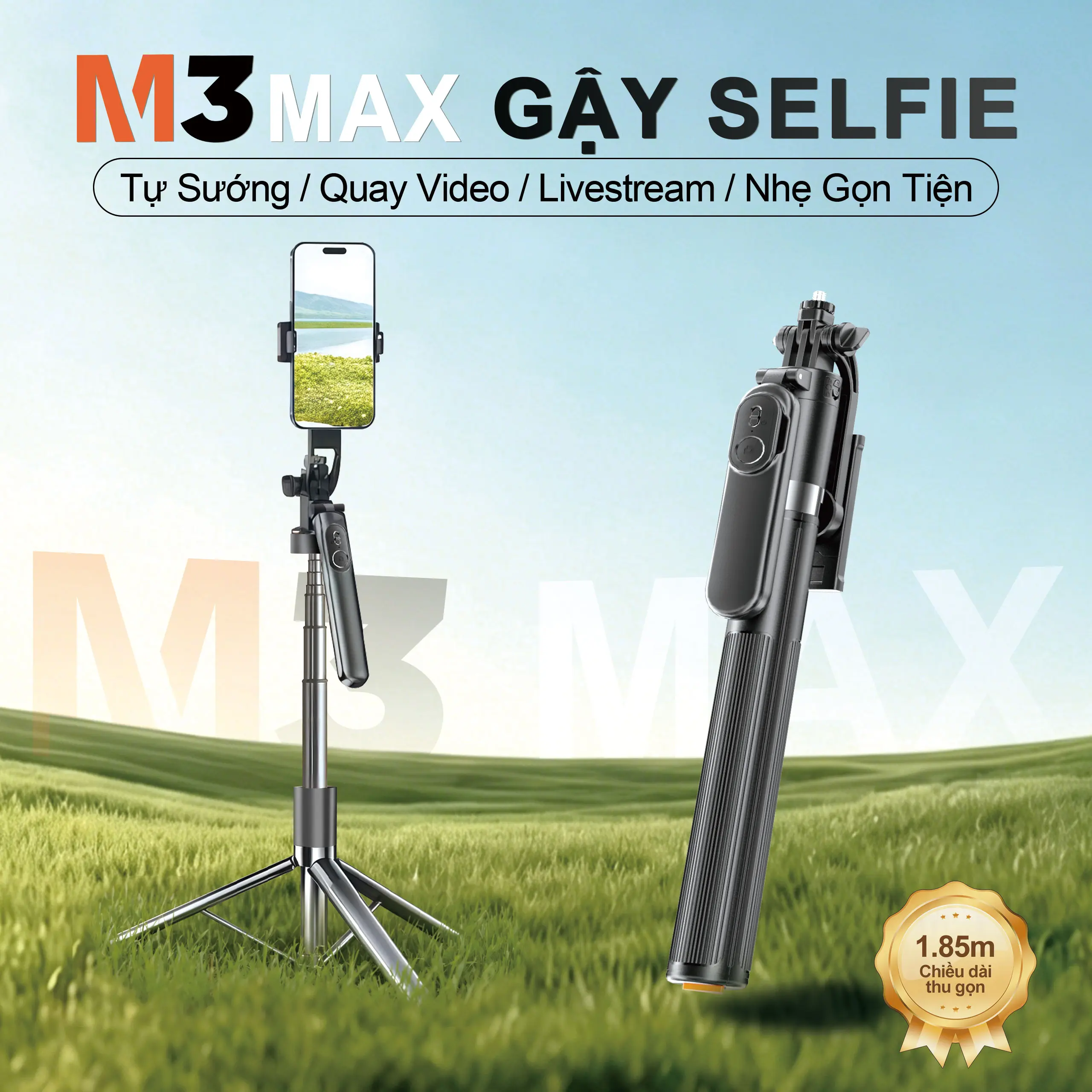 M3 MAX 3合1多功能自拍杆三脚架，最长1.85m可调，720度旋转，带拍摄稳定手柄、1/4英寸标准螺口及蓝牙遥控，兼容相机/Pocket3/GoPro/直播灯、iPhone和Android