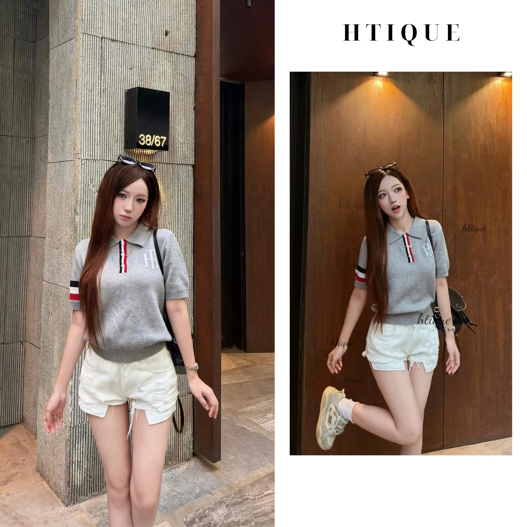 HTIQUE レディース ニットポロシャツ 袖口配色 ベーシックでアクティブな女性向けシルエット LN04
