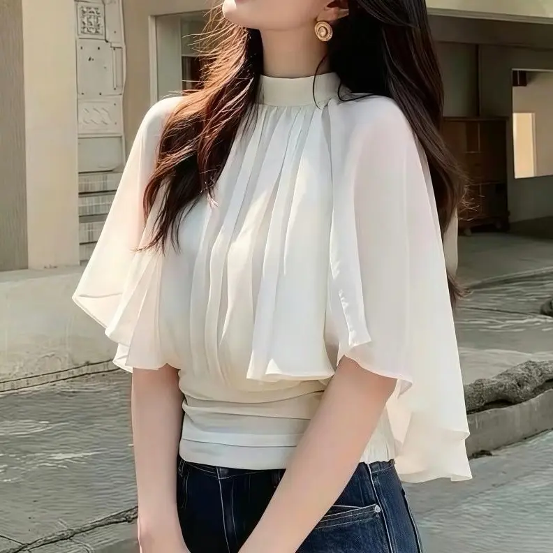 Korean style half turtleneck cape chiffon shirt with a fitted waist, stretchy, comfortable and lightweight fabric, perfect for vacation wear