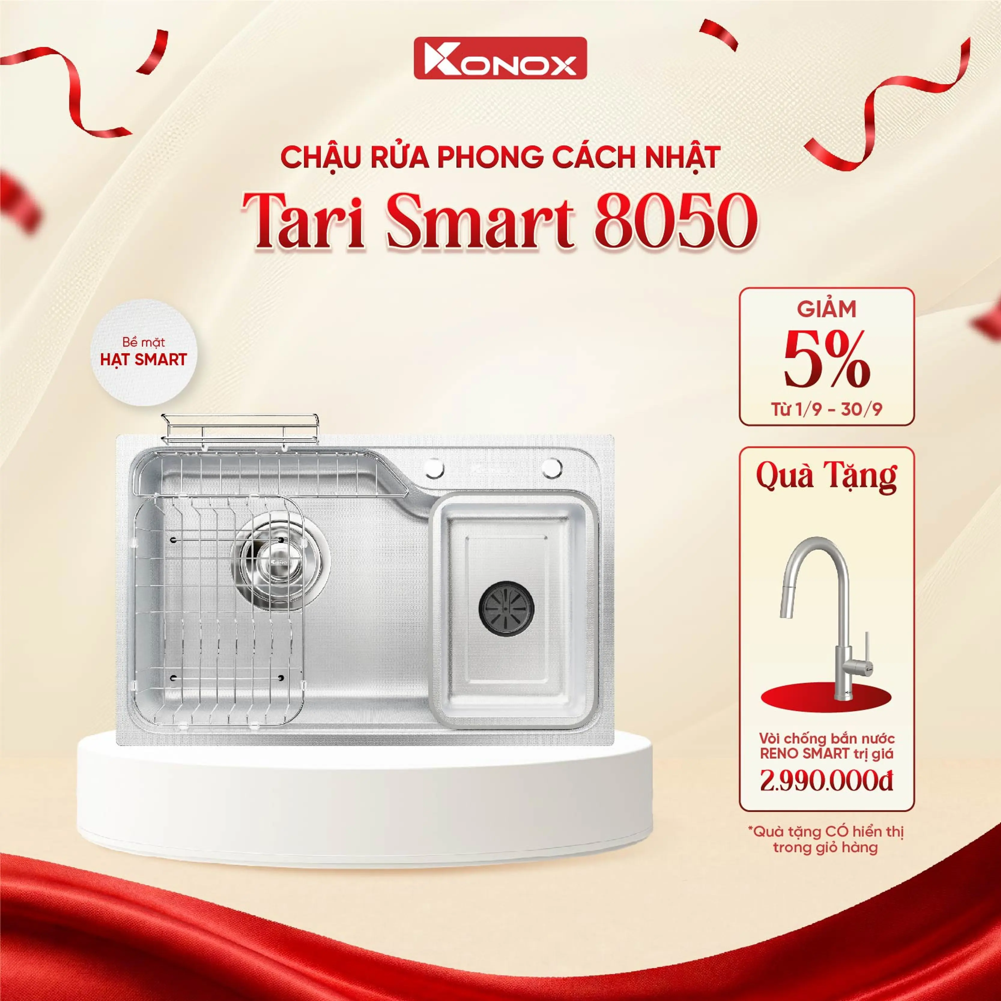 Konox TARI SMART 8050 Japanese-Style Single-Bowl Scratch-Resistant Stainless Steel Kitchen Sink with Free Faucet and 10-Year Warranty