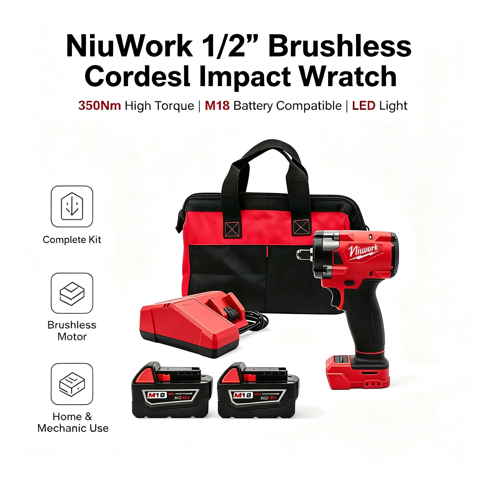 Chave de impacto sem fio NiuWork 1/2", motor sem escovas, torque de 350 Nm, luz LED e compatibilidade com baterias M18, para projetos domésticos e reparos leves