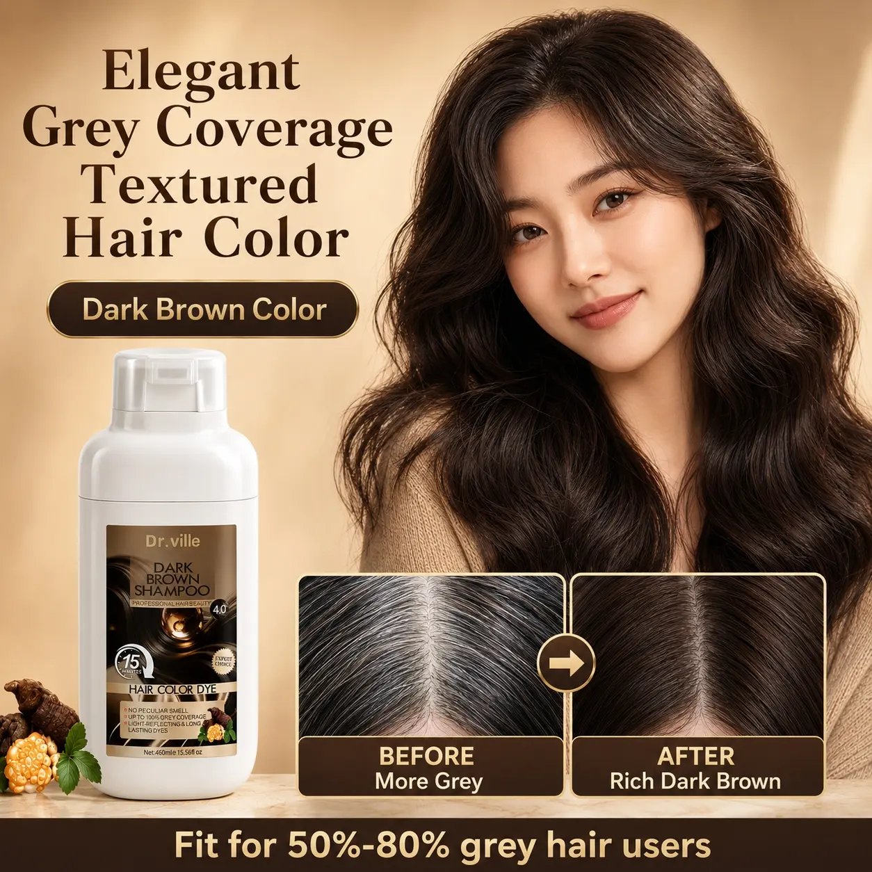 Dr.ville Herbal Instant Grey Coverage Hair Dye Shampoo, Plant-Based Hair Colour, Black/Brown