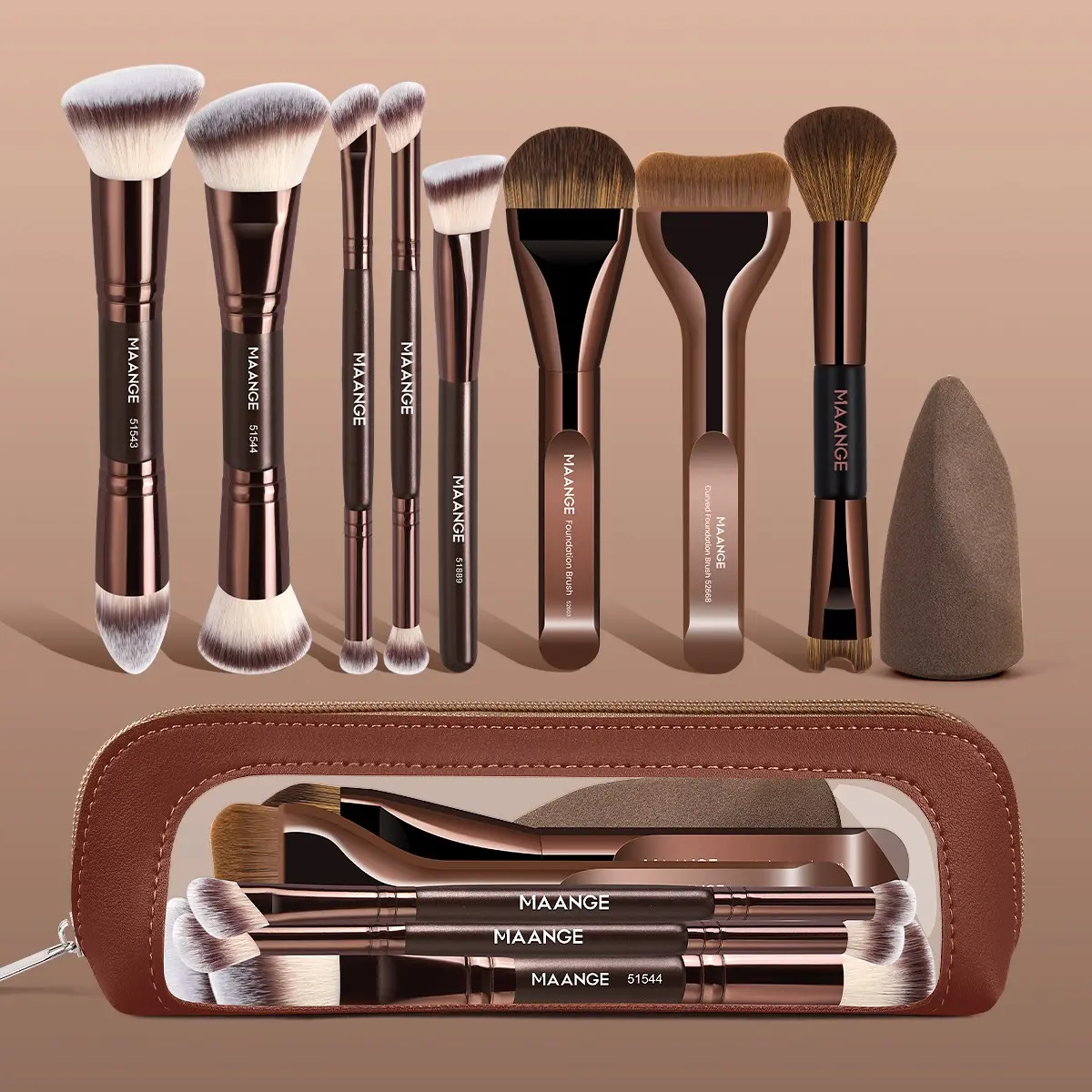 Set de herramientas de maquillaje Maange de 10 piezas, incluye 8 brochas, 1 esponja, estuche para brochas, base, rubor, polvo y brochas de contorno; kit de maquillaje de viaje