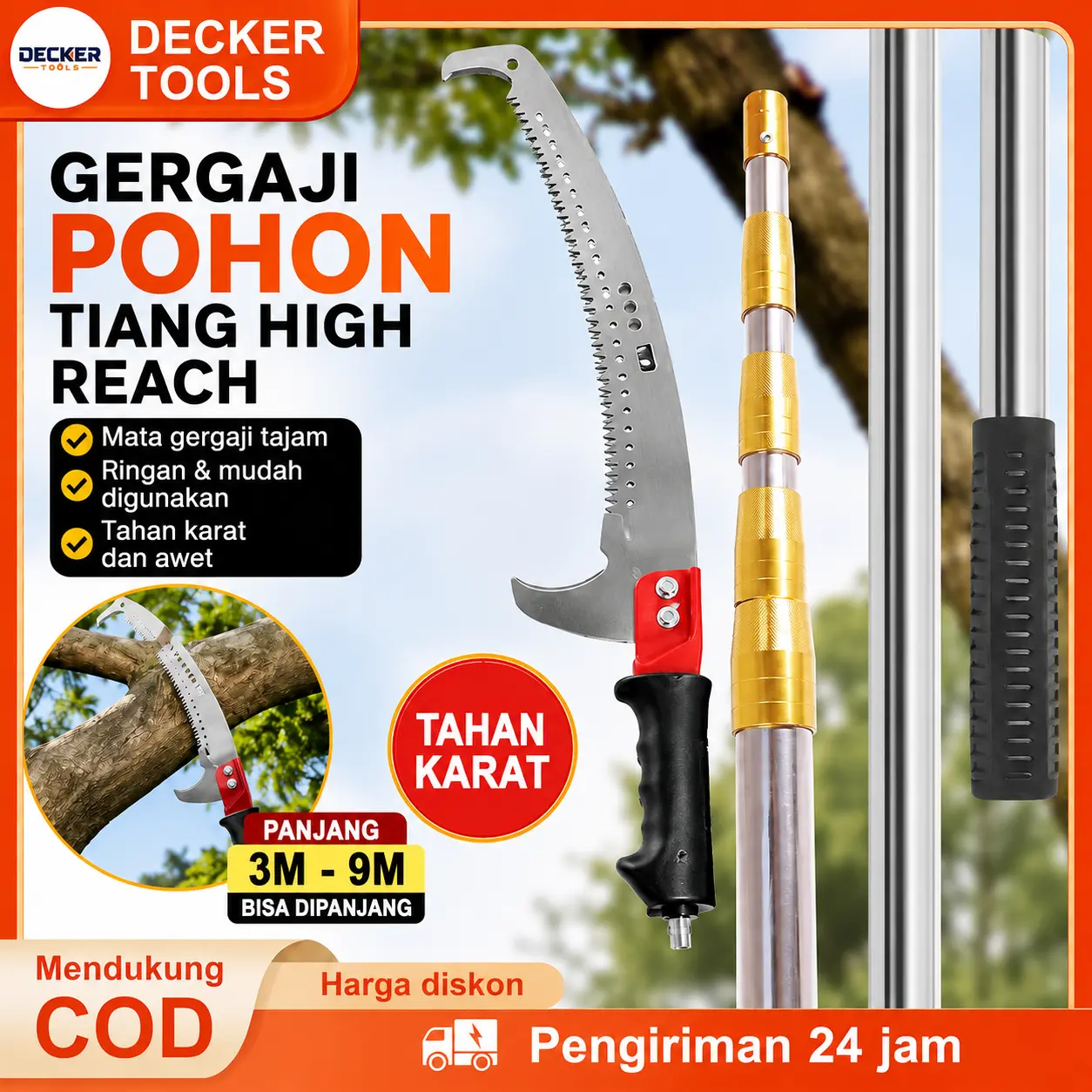 Scie élagueuse télescopique DECKER grande portée 3–9 m, outil anticorrosion pour tailler les branches, lame tranchante à 3 côtés, conception ergonomique pour jardin et verger