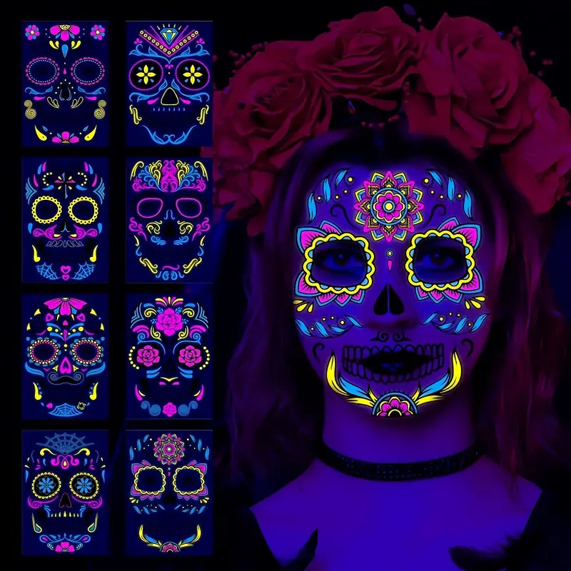Paquete de 4 tatuajes faciales de calaveras y cicatrices para Día de Muertos, diseños festivos que brillan con luz negra