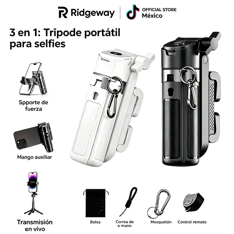 RIDGEWAY 3合1迷你手机自拍杆三脚架，带遥控器，支持360°旋转、蓝牙无线控制，兼容iPhone及安卓手机
