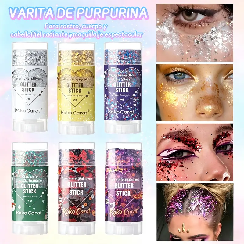 Barra de Purpurina Glitter Unisex Multicolor para Ojos Mejillas Pelo, Maquillaje Fiesta Carnaval Fiestas Patrias