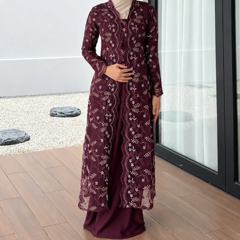 Leona Long Lace Kebaya Set with Front Zip and Plain Skirt