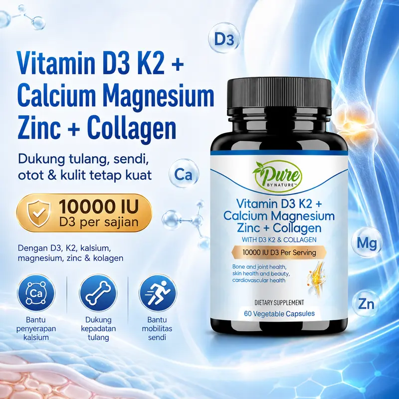 Vitamin D3K2 with Calcium, Magnesium, Zinc, Collagen and Astaxanthin for Bone, Teeth, Skin, UV and Immune Support