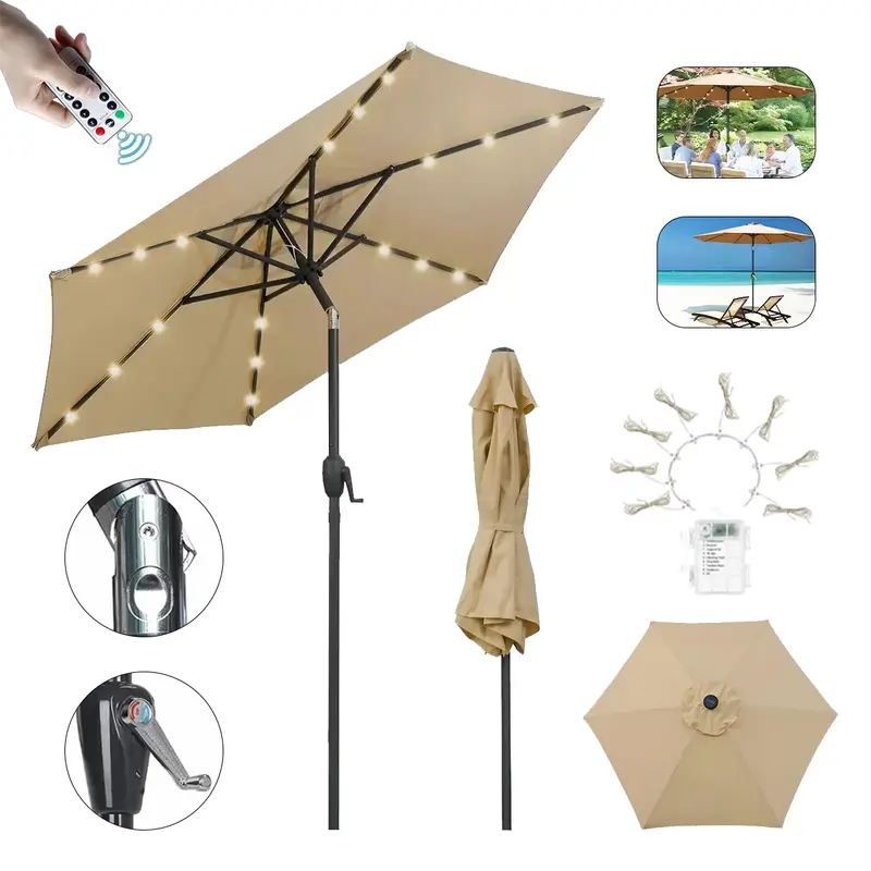 Sombrilla de exterior para jardín, de 2 metros, con luces LED y control remoto, con botón de inclinación y manivela, resistente al viento e impermeable, perfecta para la playa, con protección UV, producto para jardín, jardín, patio y balcón. Sombrilla