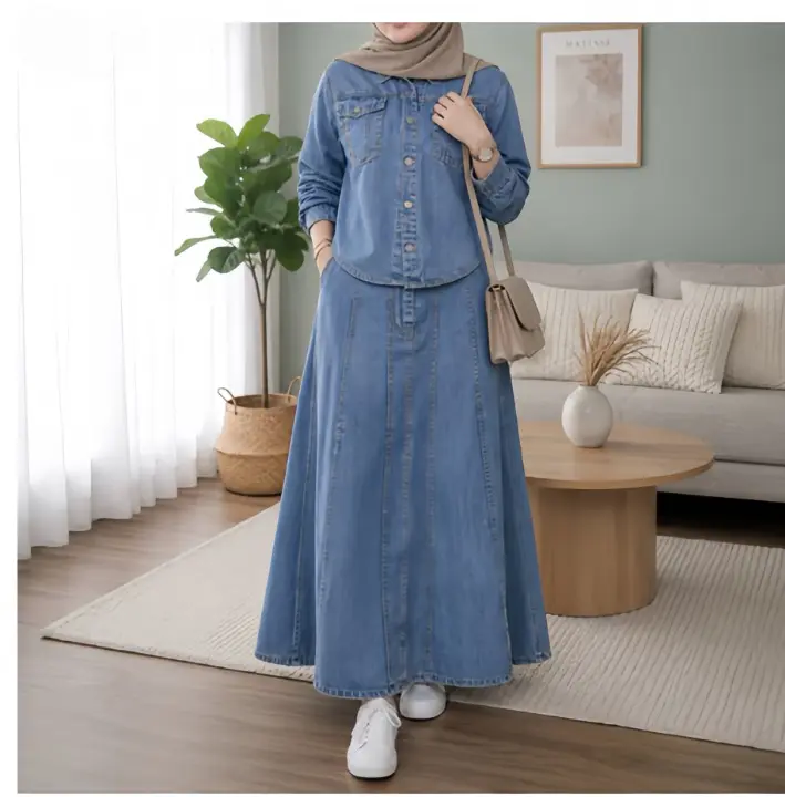 Jasmine_Strada Premium Washed Denim Shirt and Skirt Set with Full Functional Buttons