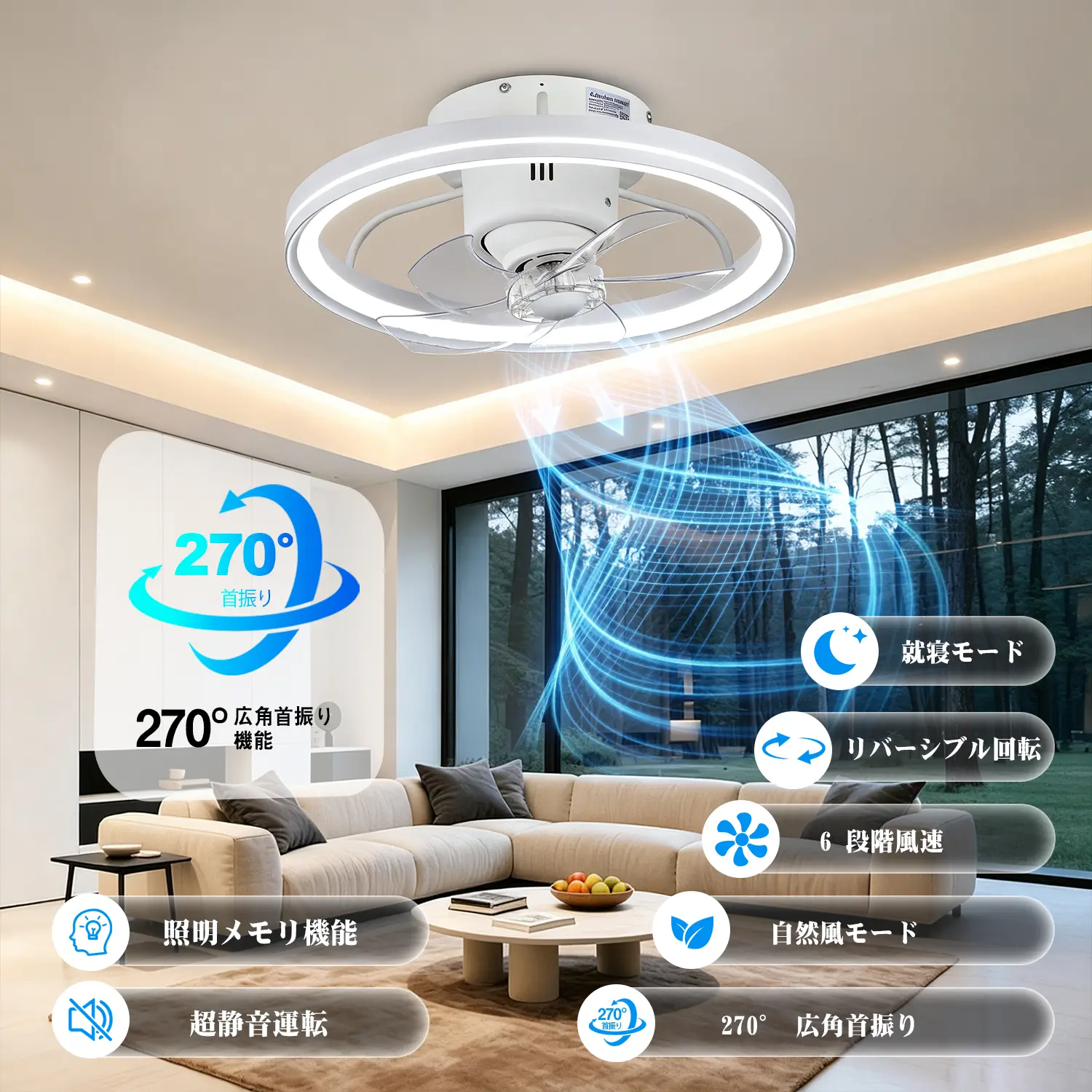 Kipas Plafon 19 Inci dengan Fungsi Berputar dan Lampu, Desain Modern, Pengoperasian Pintar via Aplikasi & Remote, LED dengan Pengaturan Kecerahan, 6 Tingkat Kecepatan Angin