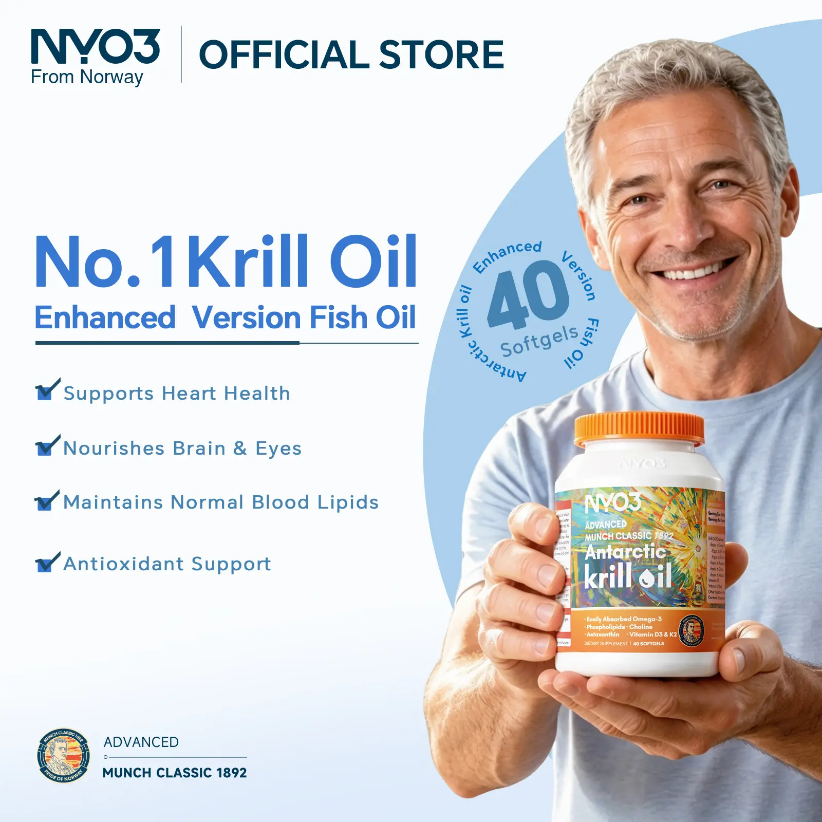 NYO3 MUNCH Antarctic Krill Oil, 40 Capsules, 46% Phospholipids, Omega-3 and Choline
