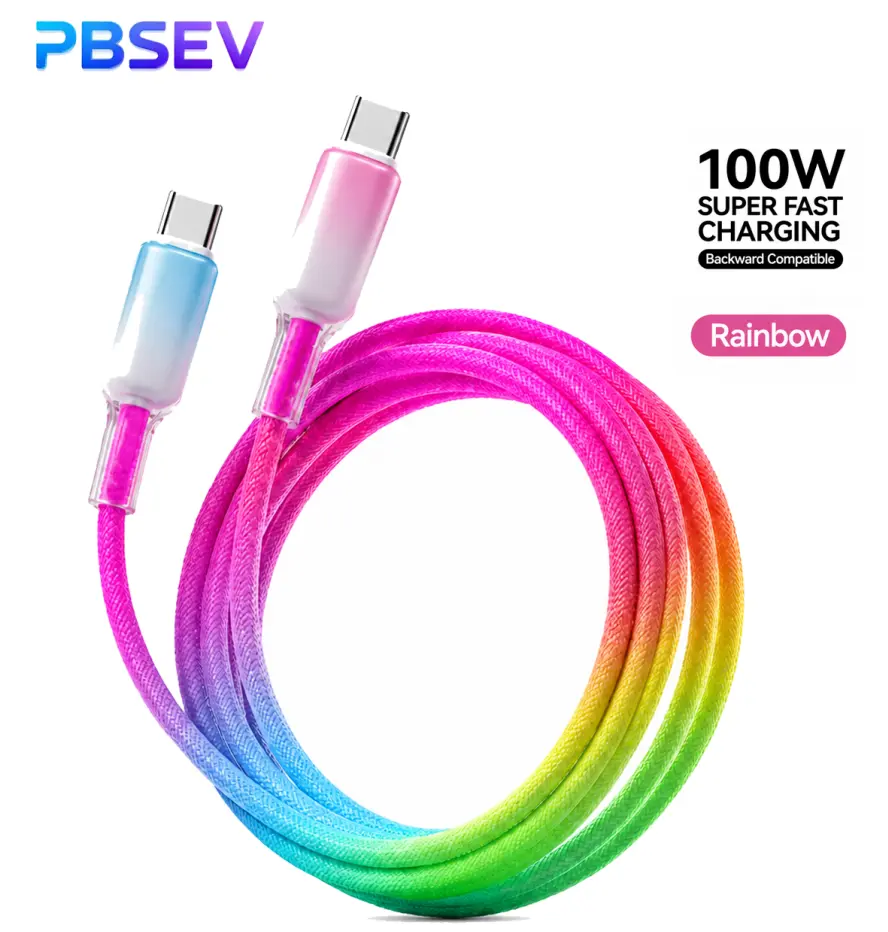 PBSEV geflochtenes USB-C-Kabel mit Regenbogen-Farbverlauf, 100W PD-Schnellladen, 1.2M, USB-A auf Type-C und Type-C auf Type-C, für iPhone 15, Samsung, MacBook, Laptops und alle USB-C-Geräte