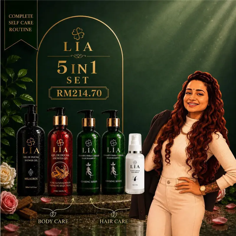 LIA 5-in-1 바디·헤어 케어 세트: Wildrose 샤워젤 500ml 1개, Rose Sandalwood 샤워젤 250ml 1개, Ginseng Series 헤어 샴푸 250ml 2개, 헤어 세럼 50ml 1개