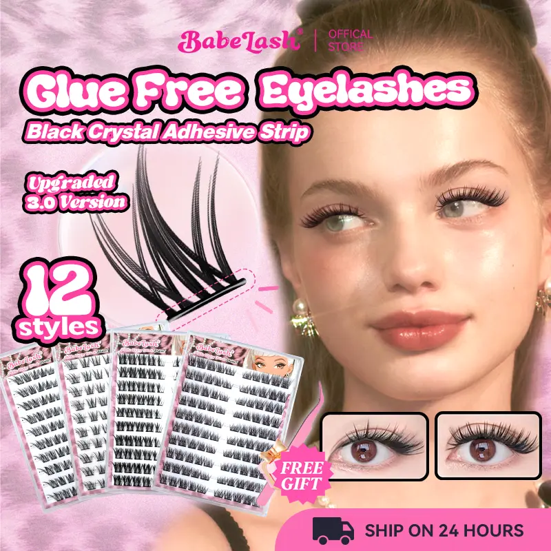 【COD Free Tweezers】BABELASH New Version 3.0 Black Adhesive Strips 80-120 Clusters Glue-Free eyelashes 10-14mm C/D Curl with Cat eyes Volume and popular douyin styles NO need glue