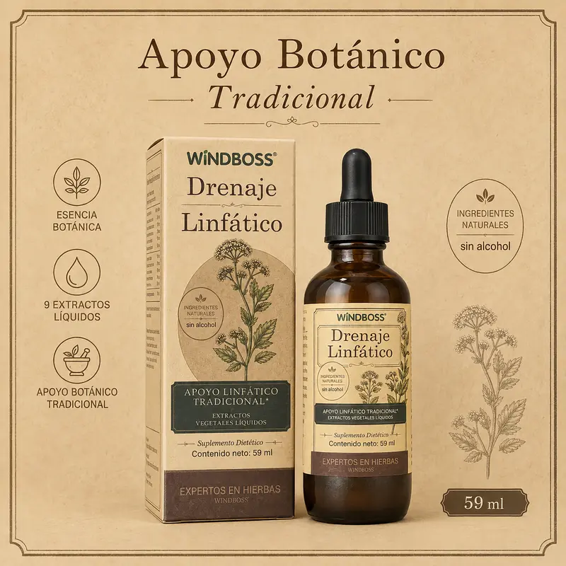 WindBoss Drenaje Linfático, formule liquide sans alcool de 59 ml avec compte-gouttes et 9 extraits botaniques, dont sureau, pissenlit, bardane et échinacée