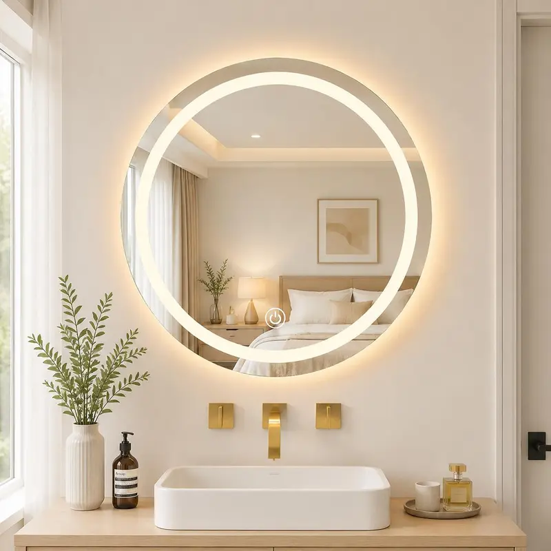 Espejo de Baño LED Redondo de Pared, Cristal Templado con Luz, Táctil, Elegante y Moderno para Tocador